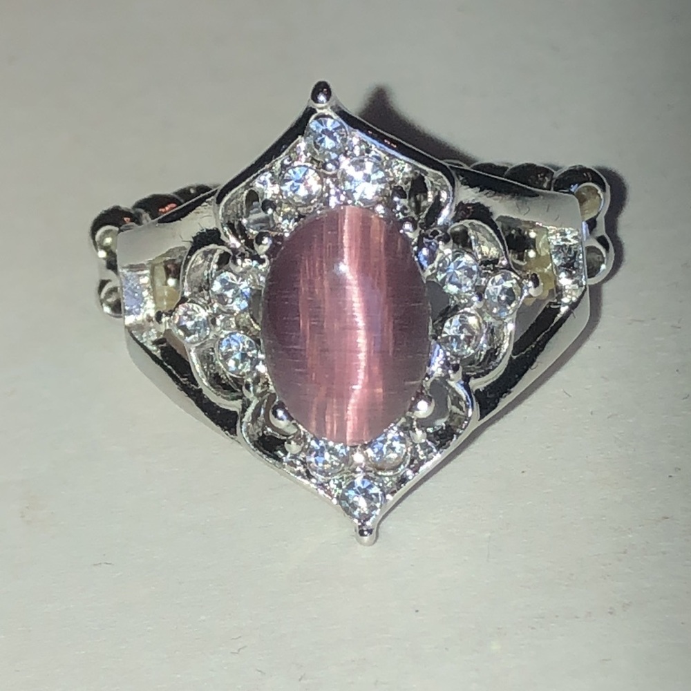 Silver-Tone Purple Cat's Eye Halo Ring
